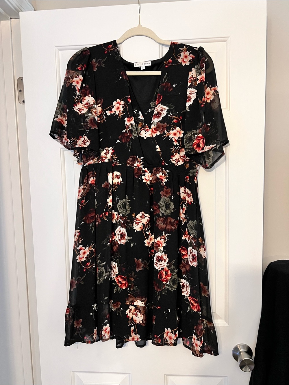 Baltic Born Black Floral V-Neck Dress with Red and Cream Blooms